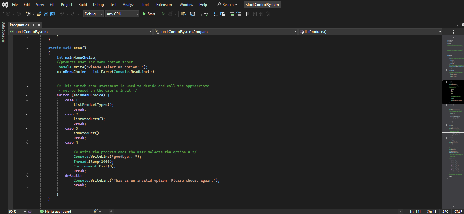 A section of the main menu code from my stock control system program